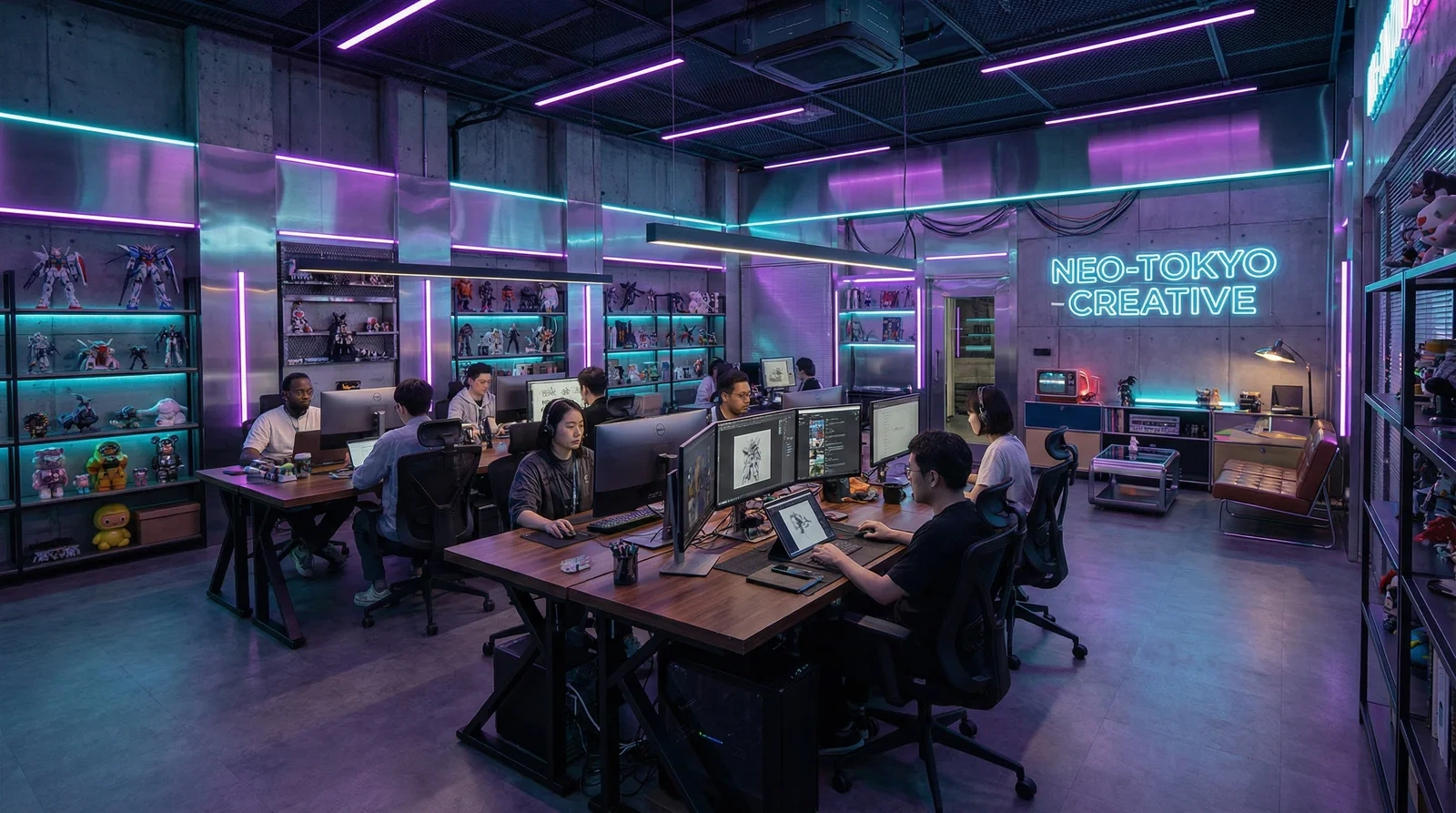 困困狗视频-最新原创视频发布|无限释放团队赛博朋克风格创意办公室环境